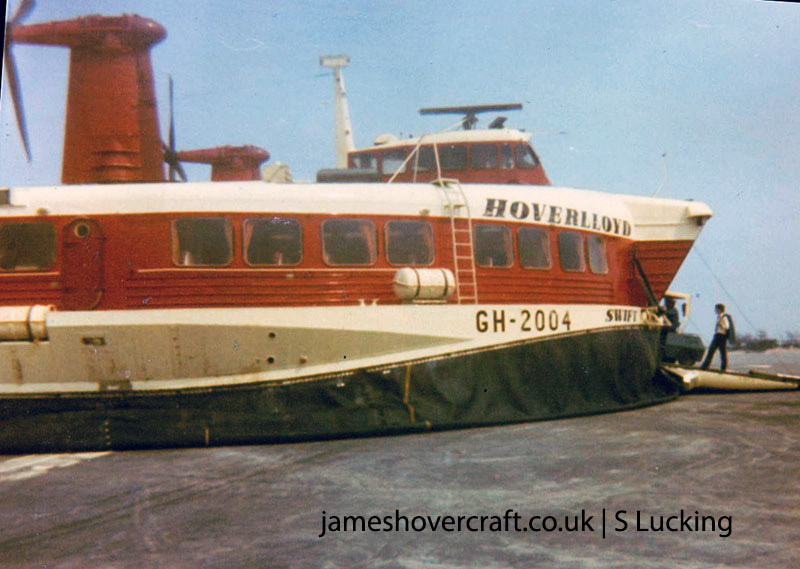 SRN4 Mk II operations from Pegwell Bay hoverport with Hoverlloyd - Hoverlloyd hovercraft at Pegwell Bay Hoverport (credit: Sidney Lucking).